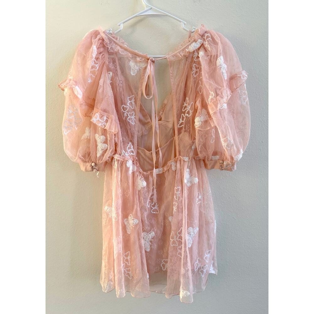 For Love & Lemons Shari Medium Peach Mini Dress Butterfly Sequin Lace NWT - Picture 9 of 16